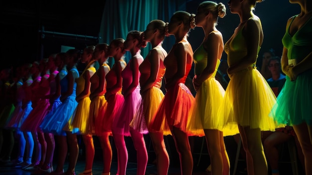 Foto un grupo de bailarines de pie en formación trajes brillantes en contraste contra el telón de fondo oscuro como ellos