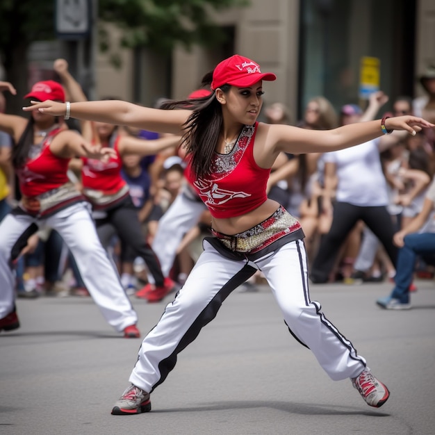 Foto un grupo de bailarines realizando bailes latinos en la calle.