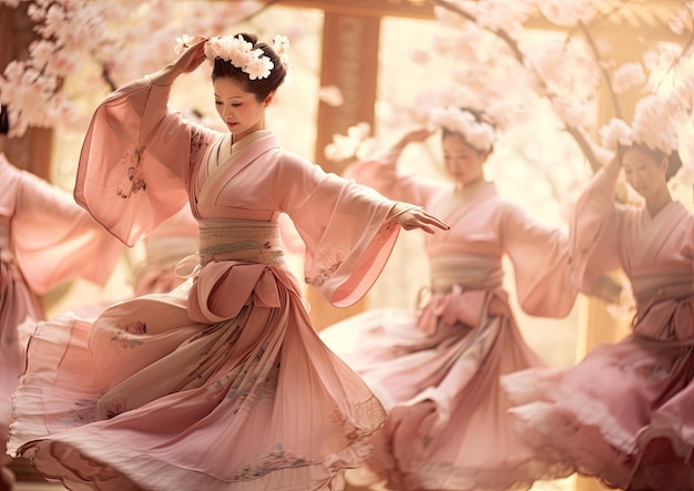 Un grupo de bailarines tradicionales japoneses realizando una graciosa danza de abanico con cerezas delicadas