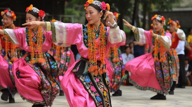 Un grupo de bailarines en traje tradicional están bailando.