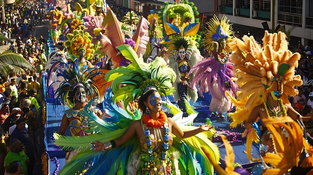 Un grupo de bailarines con trajes coloridos actúan durante una celebración de carnaval