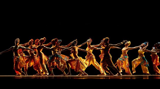 Un grupo de bailarines con trajes coloridos realizan una rutina de baile sincronizado en un escenario con un fondo negro