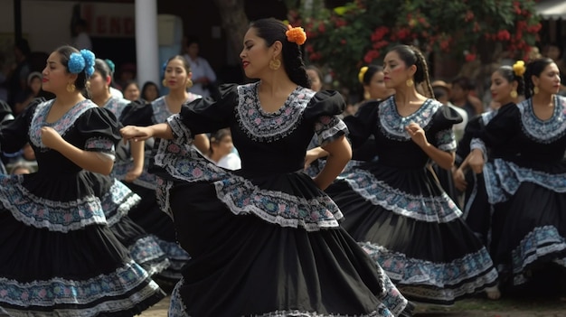 Un grupo de bailarines con trajes tradicionales realizan una danza tradicional.