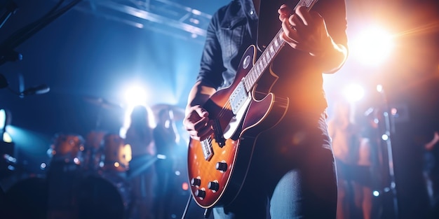 Foto grupo de banda de música actúa en un escenario de concierto guitarrista