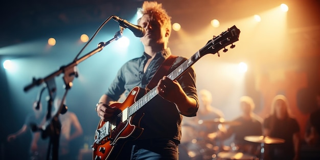 Grupo de banda de música actuando en un escenario de conciertoGuitarista en el escenario como fondo IA generativa