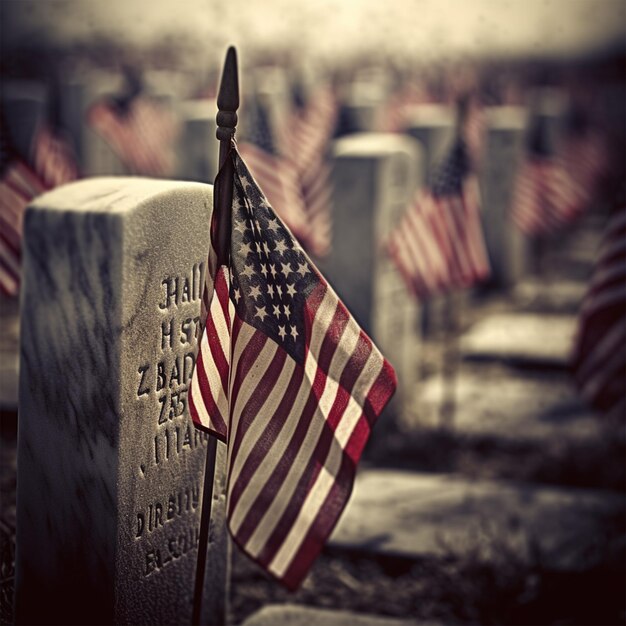 Un grupo de banderas americanas se alinean en un cementerio.