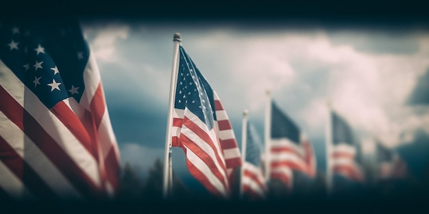 Un grupo de banderas americanas están en un campo con un cielo nublado al fondo.