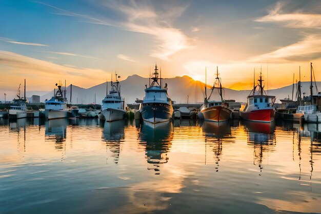 Foto un grupo de barcos están atracados en un puerto.