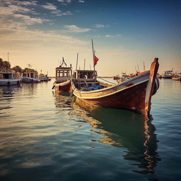 Foto un grupo de barcos flotando en la parte superior de un cuerpo de agua