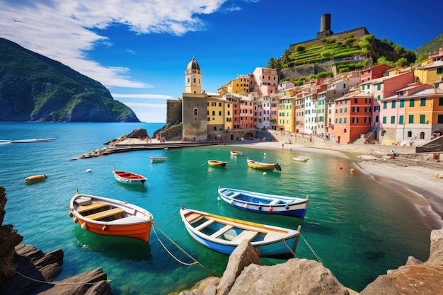 Grupo de barcos flotando sobre aguas tranquilas Vista del famoso destino turístico Vernazza, una pequeña ciudad antigua del mar Mediterráneo con una costa portuaria y un castillo generado por IA