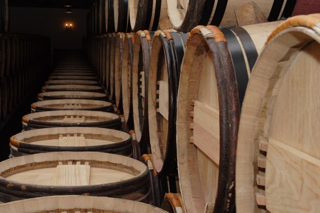 Grupo de barricas de roble con el vino en la bodega