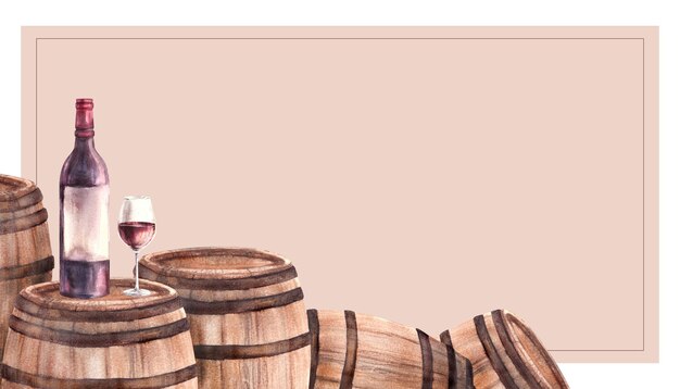 Un grupo de barriles viejos de madera con botella y vaso de vino rojo acuarela mano dibujar comida