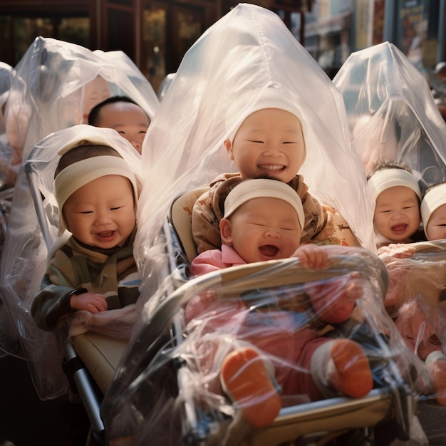 Foto un grupo de bebés están en un cochecito con sus bebés.