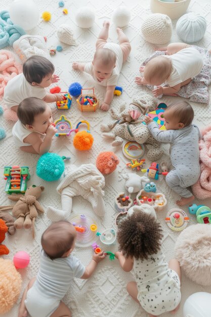 Un grupo de bebés jugando con juguetes en una alfombra blanca