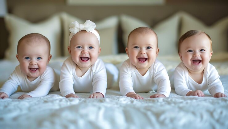 Un grupo de bebés pequeños sonrientes está en la cama riendo y alegre IA generativa