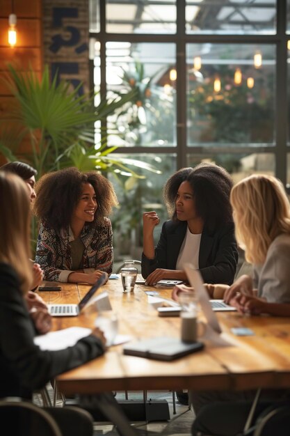 Grupo bem sucedido de mulheres empresárias envolvidas em discussões produtivas