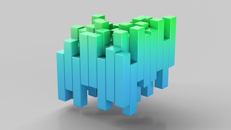 Foto grupo de bloques azules y verdes. ilustración abstracta, procesamiento 3d.