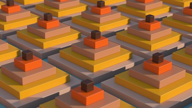 Grupo de bloques de color naranja, amarillo, beige, marrón. Ilustración abstracta, render 3d.
