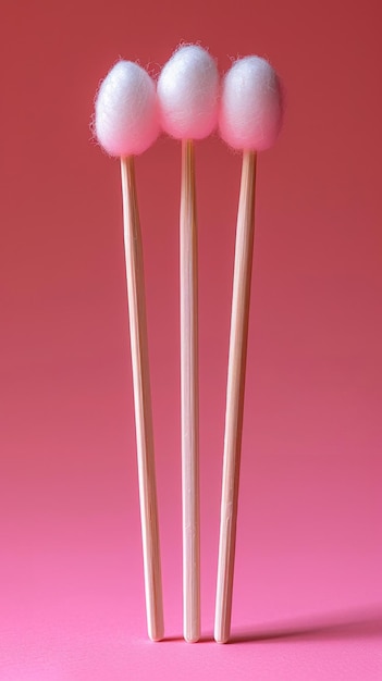 Foto un grupo de bolas de algodón en palos de madera contra un fondo rosa