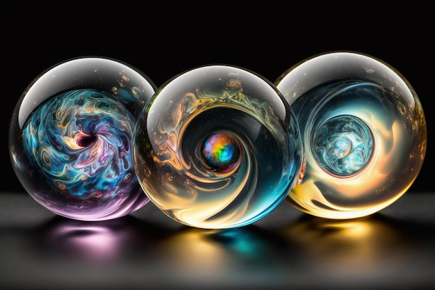 Un grupo de bolas de cristal con diferentes colores y la palabra "mente" en la parte inferior.