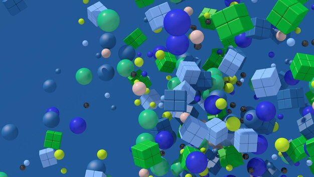 Grupo de bolas y cubos azules y verdes volando Ilustración abstracta 3d render