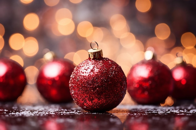 un grupo de bolas de Navidad rojas están en una mesa