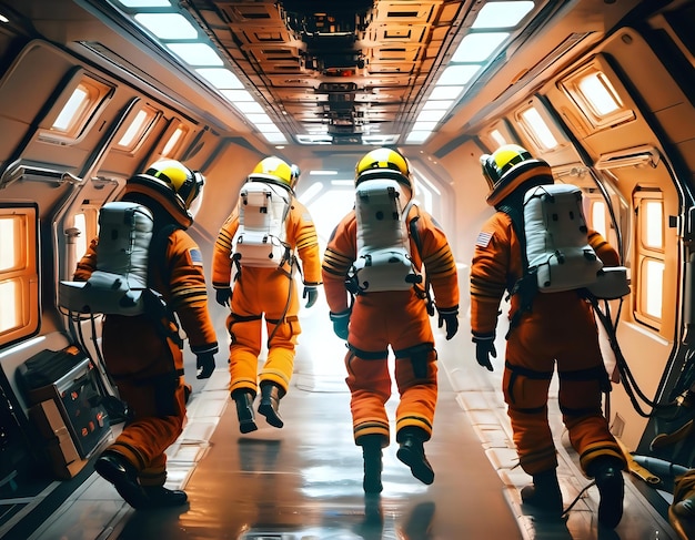 Foto un grupo de bomberos androides rescatando a astronautas varados en una estación espacial