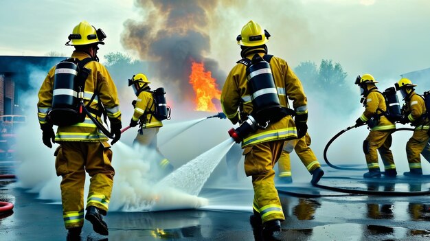 Un grupo de bomberos de pie frente a un fuego