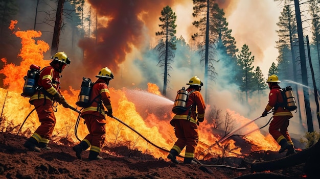 Grupo de bomberos de pie frente a un incendio