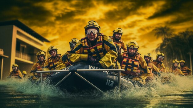 Un grupo de bomberos que usan botes y otros equipos para rescatar a la gente