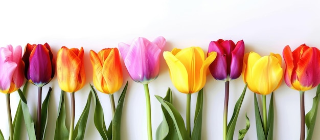 Grupo de bonitas flores de primavera tulipanes vibrantes en un telón de fondo blanco