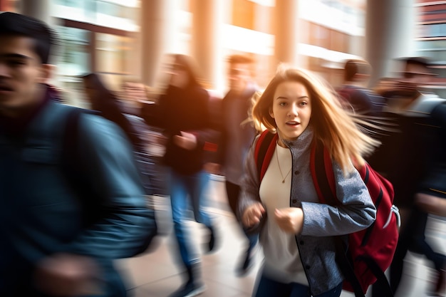 grupo borroso de jóvenes estudiantes que van a clase en movimiento rápido