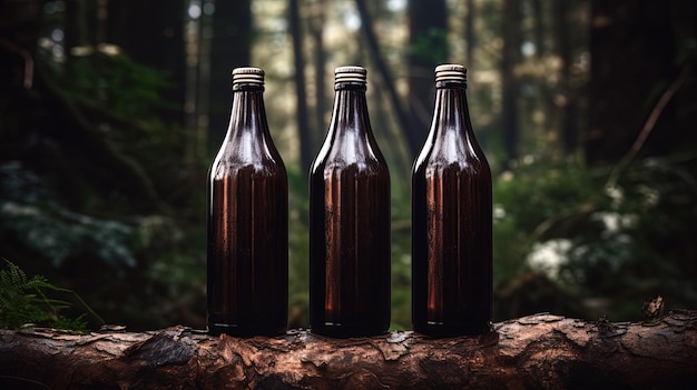 Un grupo de botellas de cerveza están sobre un tronco en el bosque.