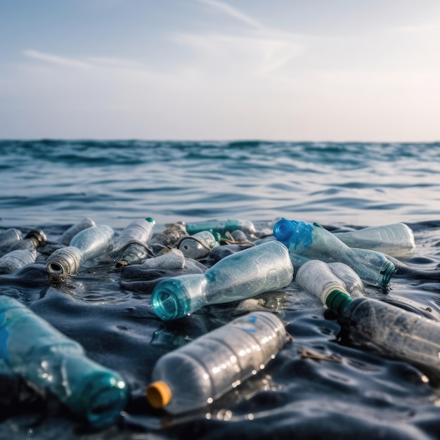 Un grupo de botellas de plástico vacías flotan en el océano.