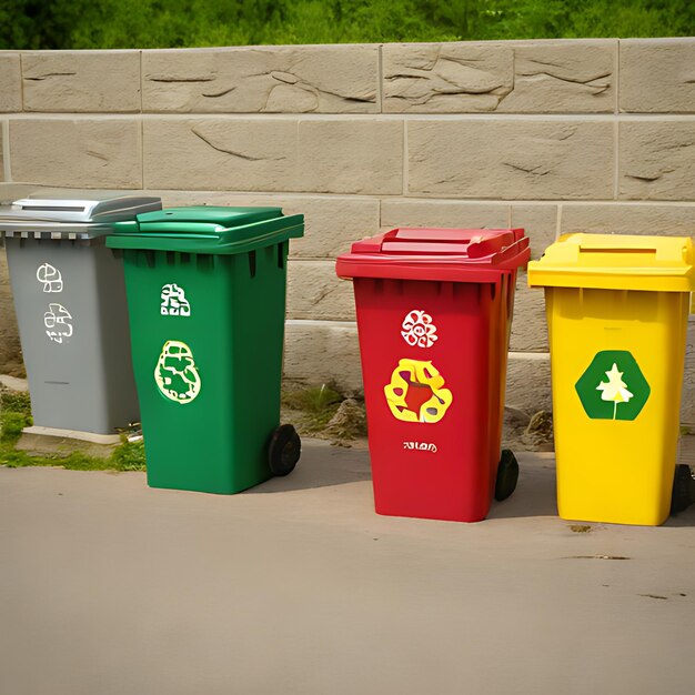 Foto un grupo de botes de basura con un logotipo de reciclaje en el lado