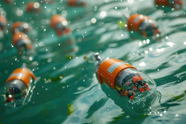 Un grupo de boyas naranjas flotando en la superficie de un cuerpo de agua un ejército de nanobots limpiando la contaminación en un cuerpo de aguas generada por IA