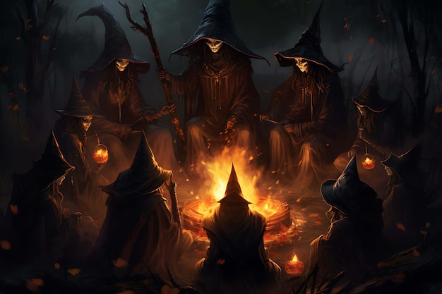 grupo de brujas en el bosque con fuego fondo de halloween ilustración 2d