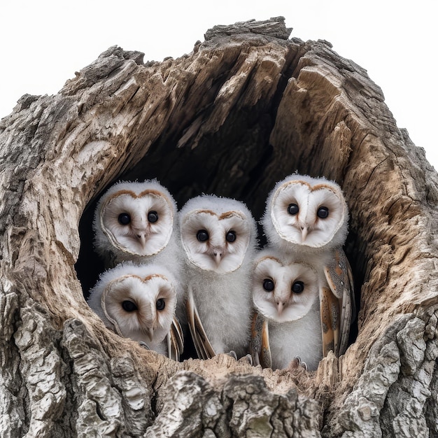 Grupo de búhos sentados en el hueco del árbol