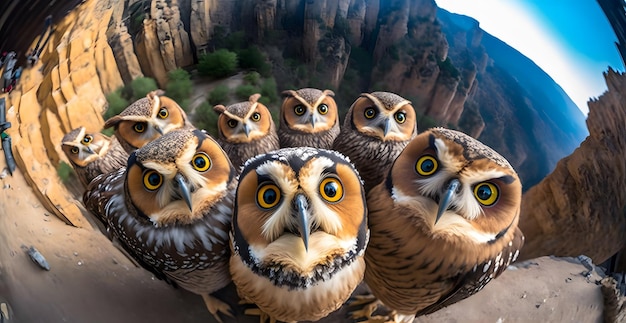 Un grupo de búhos son fotografiados en un cañón.