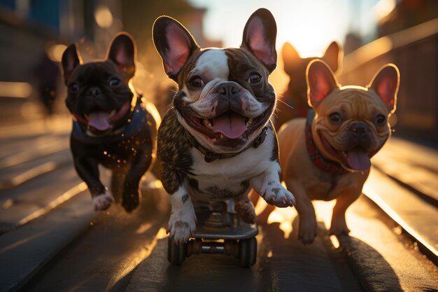 grupo de bulldog francés patinando a lo largo de un bullicioso paseo marítimo generado por ai