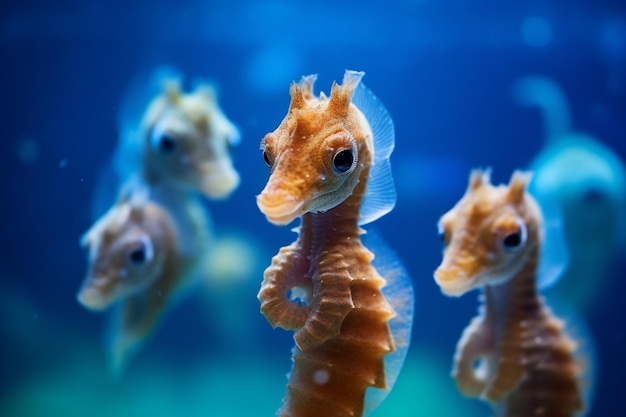 Un grupo de caballitos de mar están de pie sobre un fondo azul