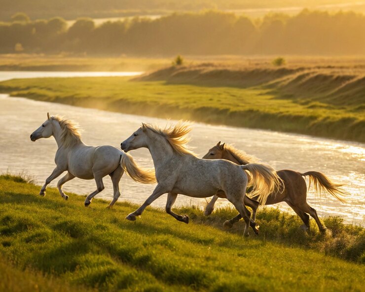Un grupo de caballos corre a lo largo de una orilla del río iluminada por el sol sus manes fluyen en la cálida brisa de verano exudan energía y libertad