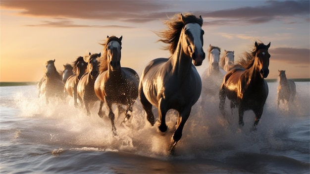 Un grupo de caballos corriendo en el agua con el sol poniéndose detrás de ellos