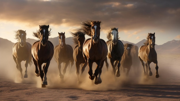 Grupo de caballos corriendo al galope en el desierto IA generativa