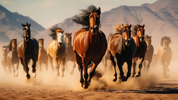 Foto grupo de caballos corriendo al galope en el desierto