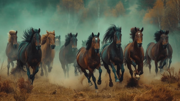 Foto un grupo de caballos corriendo por un campo polvoriento