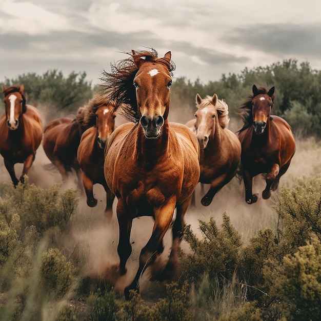 Un grupo de caballos corriendo en un campo.