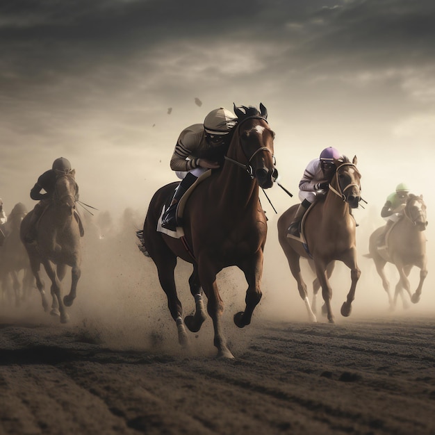 Un grupo de caballos corriendo en una carrera con uno con sombrero y sombrero morado.