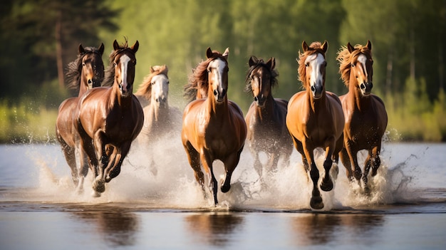 un grupo de caballos corriendo por un cuerpo de agua