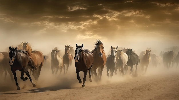 Un grupo de caballos corriendo en el desierto.